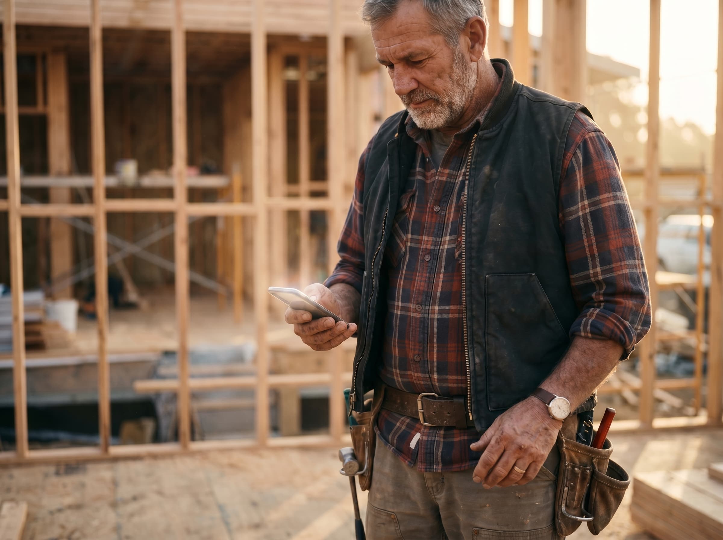 An experienced master tradesman checking an answer on his phone at a framed jobsite